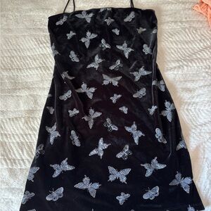 Black velvet dress with blue butterflies Mini Dress Spaghetti Strap